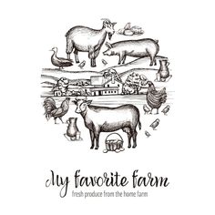 an illustration of farm animals with the words, my favorite farm