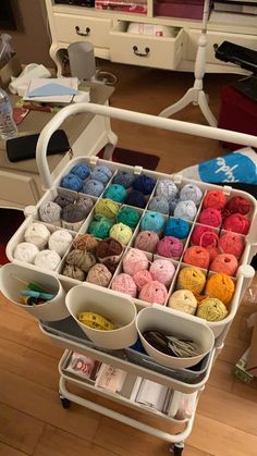 Yarn storage Crochet Studio Craft Rooms, Crochet Room Storage, Knitting Craft Room, Crochet Yarn Organizer, Yarn Room Organization, Craft Room Crochet, Crochet Room Organization, Knitting Organization Ideas