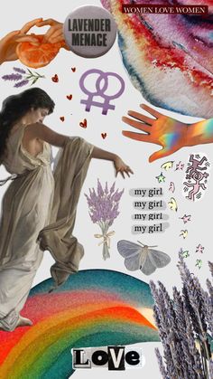 a collage of women and flowers with the words love on it, surrounded by other images