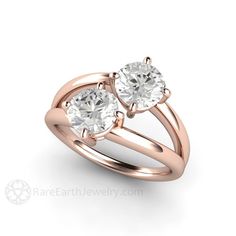 Duo Engagement Ring | Forever One Moissanite Two Stone Ring - Rare Earth Jewelry Two Stone Mothers Ring, Rings With Two Diamonds, 2 Stone Diamond Ring Design, Two Stone Ring Design, Two Diamond Ring Designs, Two Stone Ring Ideas, 2 Stone Ring Design, Two Diamond Ring, 2 Stone Ring