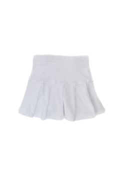 White children's tennis skirt made by Azarhia. Skirt is 95% polyester and 5% spandex Inner short is 90% polyester and 10% spandex Inseam 2.5 inches on inner short Waistband 1 inch wide Care: Machine wash cold with like colors, do not use bleach or softeners; tumble dry low, do not iron, do not dry clean Spring Tennis Mini Skirt In Solid Color, Spring Tennis Skirt For Sports, Spring Season Sports Tennis Skirt, Sporty White Stretch Pleated Skirt, Spring Skirted Tennis Dress For Sports, Spring Sports Tennis Dress With Skirt, Sporty Pleated Swim Skirt, Sporty Solid Pleated Swim Skirt, White Pleated Sports Skort