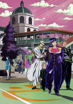 an anime scene with many people dressed in costumes and standing on the side walk near a building