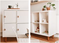 a white cabinet sitting next to a shelf filled with potted plants and other items