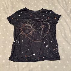 Cute Sun And Moon T-Shirt. Size Small, Just Doesn’t Fit Me, Never Worn, Smoke Free Home Trendy Moon Print Crew Neck Top, Black Summer Top With Moon Print, Trendy Crew Neck Top With Moon Print, Black Short Sleeve T-shirt With Moon Print, Black Graphic Tee With Moon Print, Trendy Black Top With Moon Print, Black Moon Print Graphic Tee, Black Short Sleeve Top With Moon Print, Black Moon Print Crew Neck Top