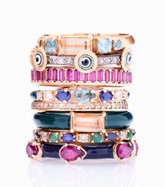 14K Rose Gold Stack Band Ring with Marquis Blue Sapphires, Round Blue-Green Tourmaline and Round Champagne Diamonds. (0.16 TCW) Stone Ring Design, Beautiful Gold Rings, Stackable Engagement Ring, Multi Band Ring, Stacked Wedding Rings, Family Rings, Diamond Stacks, Chalcedony Ring, Right Hand Rings