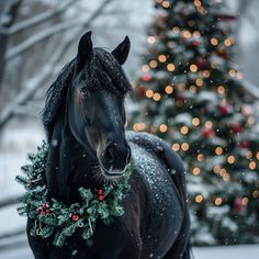 a black horse standing in the snow next to a christmas tree with lights on it