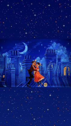 a man and woman dancing in front of a castle at night with stars on the sky