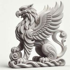 a statue of an eagle on top of a white surface with swirls around it