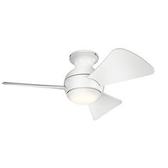 a white ceiling fan with a light on the top and blades in front of it