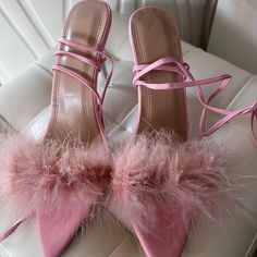 Fun Pink Ostrich Feather Strappy Heels - Brand Nwt Size 7 Heel Approx 3.5” Summer Feathered Heels, Feathered Heels With Round Toe For Summer, Summer Ankle Strap Heels With Feather Trim, Summer Feather Trim Ankle Strap Heels, Party Heels With Feather Trim And Pointed Toe, Summer High Heel Feathers Heels, Summer High Heels With Feathers, Summer Feathered High Heels, Feathered High Heels For Summer