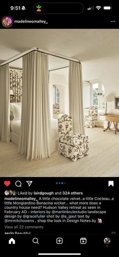 an image of a bedroom with curtains on the windows and furniture in the room below