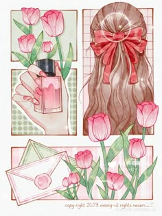 an illustration of a girl with long hair and pink nail polish next to tulips