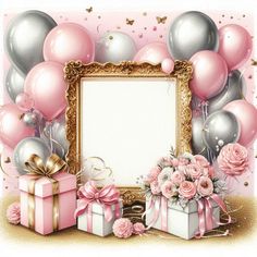 a pink and silver birthday card with balloons, gift boxes and flowers on the table