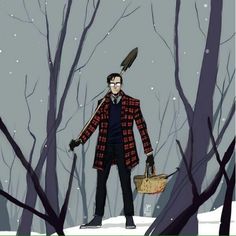 a man holding a basket standing in the snow with a bird perched on his shoulder