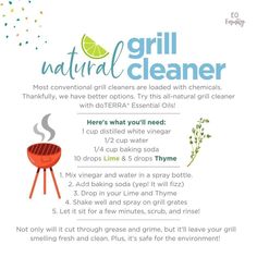 Grill Cleaner, Lime Essential Oil, Clean Grill, Grill Grates, Vinegar And Water, Natural Cleaners, Distilled White Vinegar, Smell Fresh