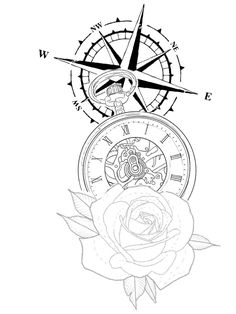 a drawing of a rose with an old clock and compass in the middle, on a white background