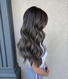 Dark Brown Hair With Ashy Babylights, Ash Brown Hair With Shadow Root, Dark Hair Icy Blonde Highlights, Brown Blended Balayage, Ash Brunette Hair Dark, Dark Ashy Balayage, Ash Grey Hair Balayage, Ash Grey Balayage Brunettes, Balayage Hair Ash Brown