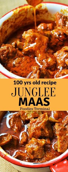 the recipe for jungle maas is in a red bowl with sauce being poured over it