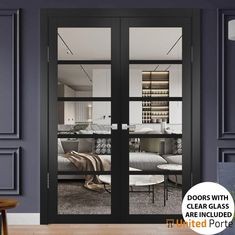 an open glass door with the words doors with clear glass are in front of a living room