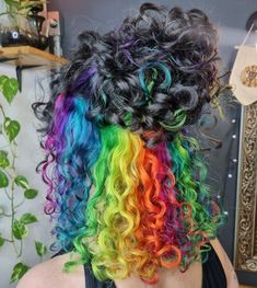 How to Make Hairstyle For Medium Hair|hairstyle tutorials - Summer Hair Color for Blonde Rainbow Curly Hair Black Women, Rainbow Hair Inspiration, Curly Multicolored Hair, Curly Hair Dye Styles, Curly Hair Vivid Color, Curly Hair Inspo Color, Colored Curly Hair Ideas, Rainbow Curly Hair, Curly Rainbow Hair