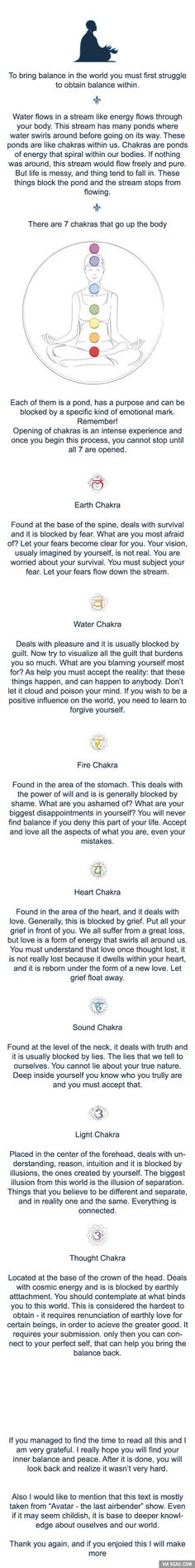 Basic knowledge about your chakras and how to open them. Text from "Avatar - the last airbender" Chakra Health, Chakra Heilung, Reiki Healer, Reiki Symbols, Sup Yoga, Energy Healing Spirituality, Basic Knowledge, Qi Gong, Les Chakras