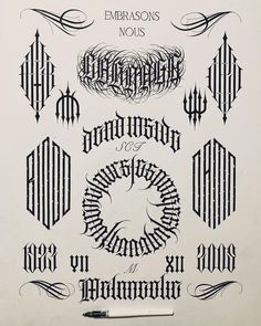 some type of calligraphy that is in black and white with an ornate design on it