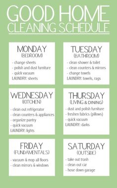 the good home cleaning schedule is shown in green and white, as well as four different items