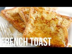 french toast on a white plate with a fork