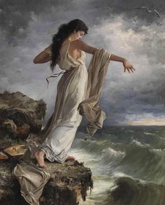 a painting of a woman standing on top of a cliff