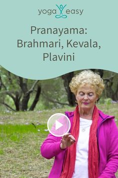 an older woman is holding a frisbee in front of her face with the words yoga easy pranama brahmai, kevala plavni