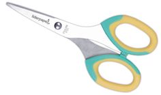 a pair of scissors with yellow and blue handles on a white background for use in crafts