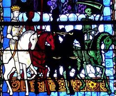 a stained glass window with horses and people on it