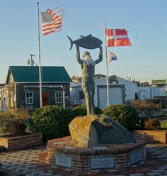 there is a statue with a fish on it in front of some flags and buildings