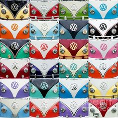 many different colored vw buggies are stacked together