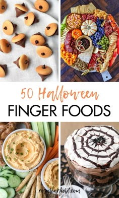 the top 50 halloween finger foods for kids to make and eat on halloween night with text overlay that reads, 50 halloween finger foods