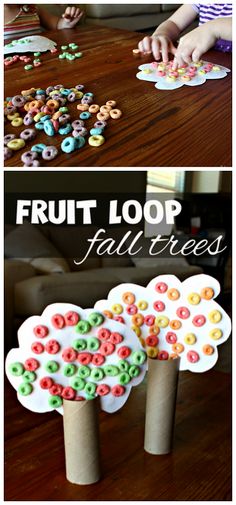 two paper plate trees made out of cereal krispy kreme doughnuts with the words fruit loop fall trees on them