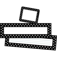 three black and white labels with polka dots on them, one has a name tag