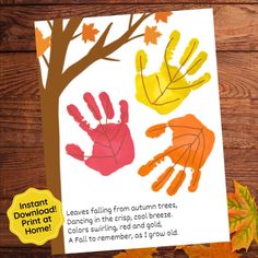 an autumn leaf and handprint card with the words instant print at home