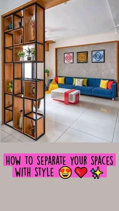 a living room filled with lots of furniture next to a wall mounted book shelf on top of a white tiled floor