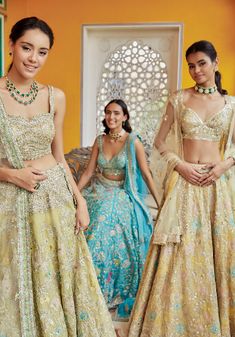 Explore lehengas, saris and jackets in romantic tones like sea blue, dusty rose and ash with intricate zardozi work, metallic bead work, French knots and multi-colored thread work. A collection of soft pastels for the bride, that encompases all her wedding dreams coming true.