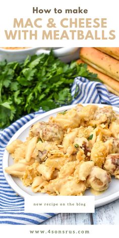 macaroni and cheese with meatballs on a white plate next to parsley