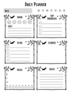 a printable daily planner with bats and stars on the page, which includes notes for each