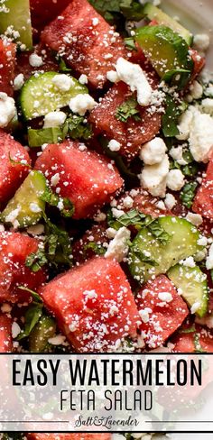 closeup of salad with text overlay that reads easy watermelon feta salad Feta Watermelon, Watermelon Feta Salad Recipes, Cucumber Basil, Salad With Cucumber, Watermelon Salad Recipes, Feta Salad Recipe, Creamy Feta, Watermelon Feta Salad