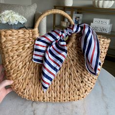 This Has So Many Uses! Tie It To Your Purse Or Beach Bag For An Elevated Look. Tie To Your Luggage For An Eye Catching Piece. Even Use For A Fashion Scarf! It’s Giving #Paris Vibes #Scarf #Pursescarf #Redwhiteandblue #Euopeantrip #Paris #4thofjuly **Bag Not Included Brand New! Only Taken Out Of Plastic For These Photos. Silk Like Material. I Have 3 Of These. Purse With Scarf, Scarf On Bag, Woven Beach Bags, Paris Vibes, Blanket Poncho, Black And White Stars, Green Zebra, Purse Scarf, Zig Zag Print