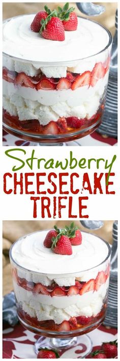 strawberry cheesecake trifle with whipped cream and fresh strawberries in the top layer