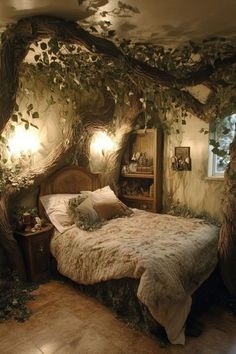 a bedroom with a bed made up and trees growing on the walls, along with two windows