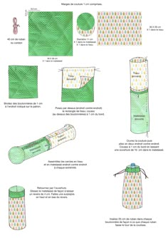 the instructions for making a paper bag with polka dots on green and white fabric, including two