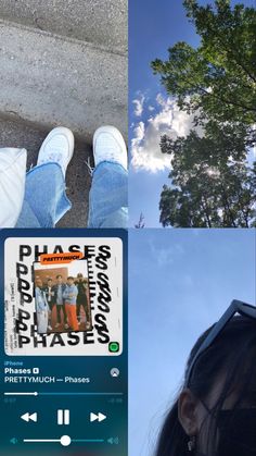 an image of someone's feet in the air with trees and sky behind them