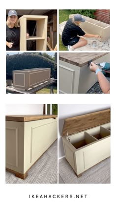 four pictures showing how to make a diy storage bench from an old dresser cabinet