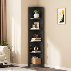 a corner bookcase in a living room